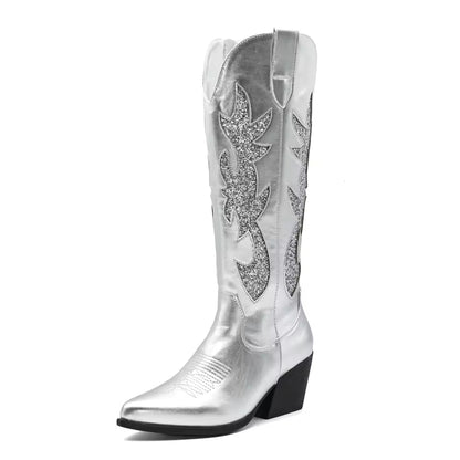 Shoes for Women New Embroidered Western Cowboy Boots Women Autumn Pointed Toe Thick Heel High Knee Boots - CB068