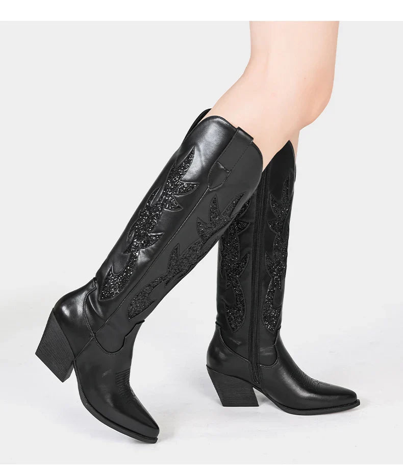 Shoes for Women New Embroidered Western Cowboy Boots Women Autumn Pointed Toe Thick Heel High Knee Boots - CB068