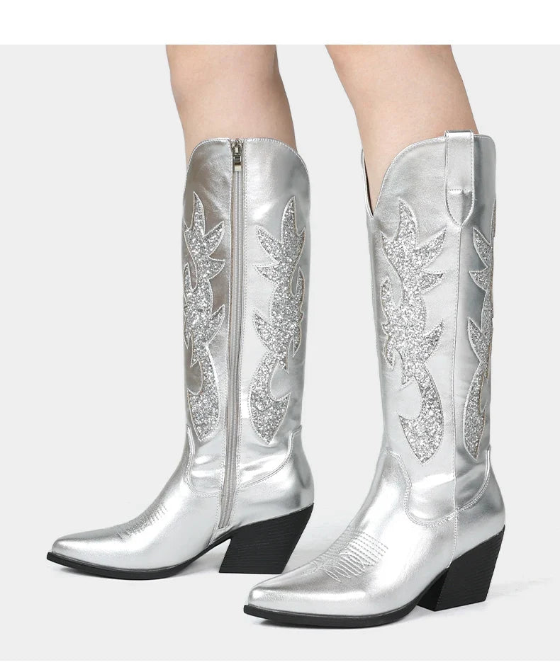 Shoes for Women New Embroidered Western Cowboy Boots Women Autumn Pointed Toe Thick Heel High Knee Boots - CB068