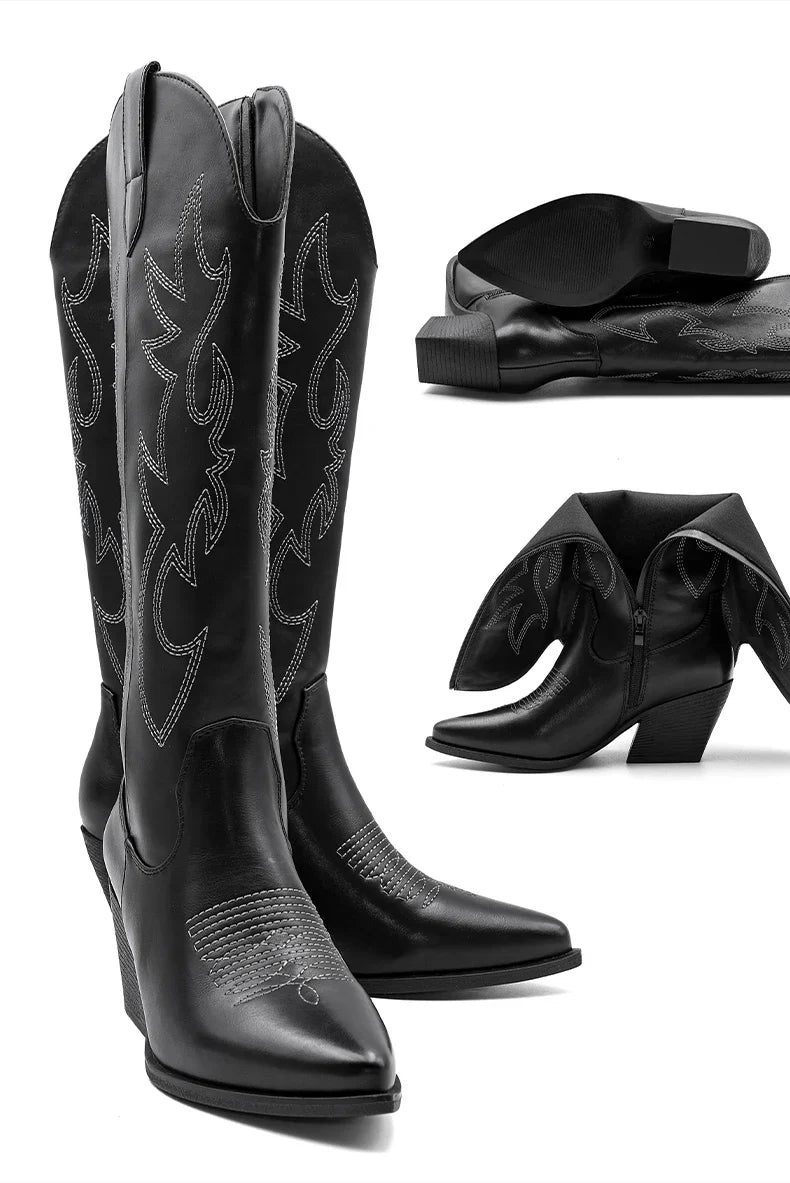 Shoes for Women New Embroidered Western Cowboy Boots Women Autumn Pointed Toe Thick Heel High Knee Boots - CB068