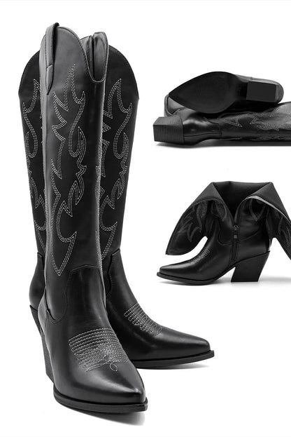 Shoes for Women New Embroidered Western Cowboy Boots Women Autumn Pointed Toe Thick Heel High Knee Boots - CB068