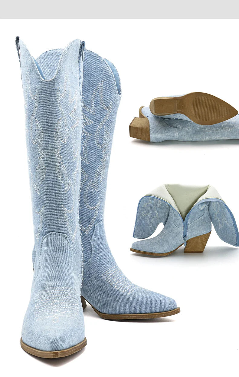 Shoes for Women New Embroidered Western Cowboy Boots Women Autumn Pointed Toe Thick Heel High Knee Boots - CB068