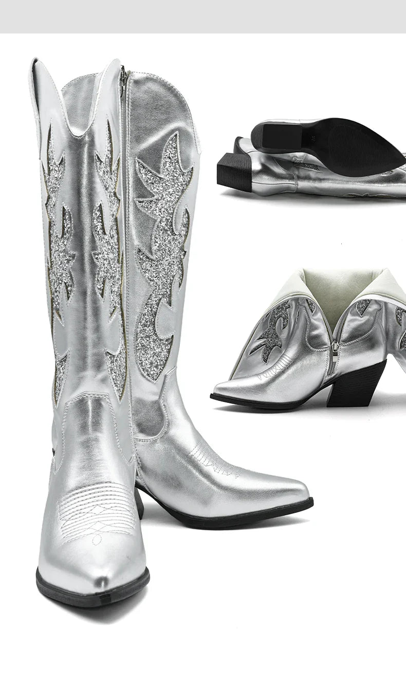 Shoes for Women New Embroidered Western Cowboy Boots Women Autumn Pointed Toe Thick Heel High Knee Boots - CB068