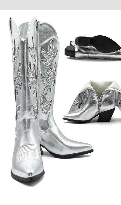 Shoes for Women New Embroidered Western Cowboy Boots Women Autumn Pointed Toe Thick Heel High Knee Boots - CB068