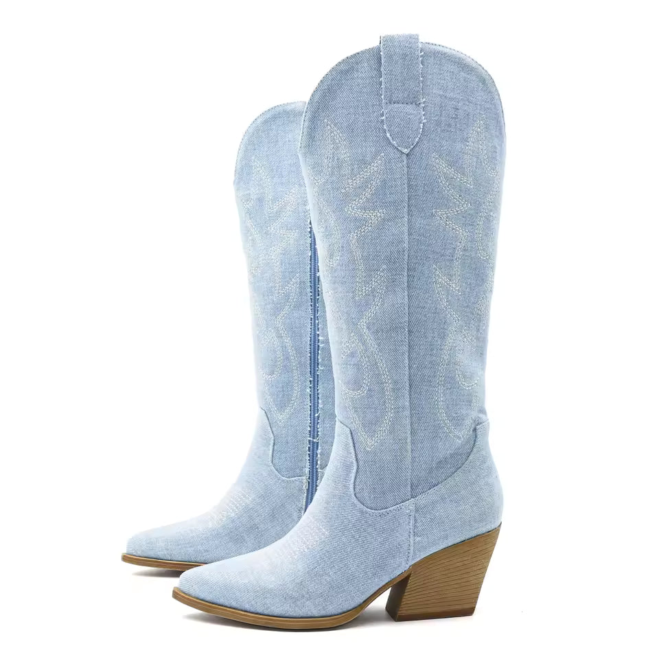 Shoes for Women New Embroidered Western Cowboy Boots Women Autumn Pointed Toe Thick Heel High Knee Boots - CB068