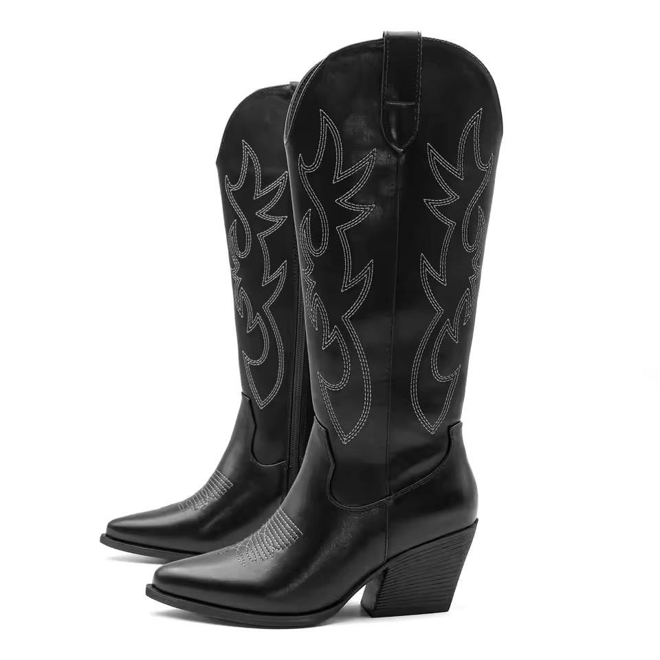 Shoes for Women New Embroidered Western Cowboy Boots Women Autumn Pointed Toe Thick Heel High Knee Boots - CB068