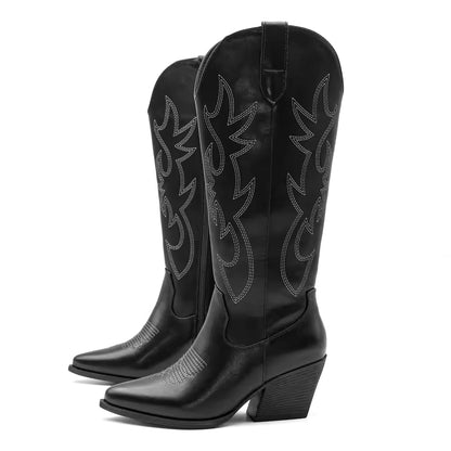 Shoes for Women New Embroidered Western Cowboy Boots Women Autumn Pointed Toe Thick Heel High Knee Boots - CB068