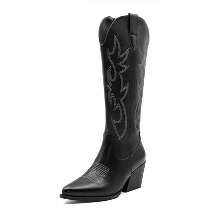 Shoes for Women New Embroidered Western Cowboy Boots Women Autumn Pointed Toe Thick Heel High Knee Boots - CB068