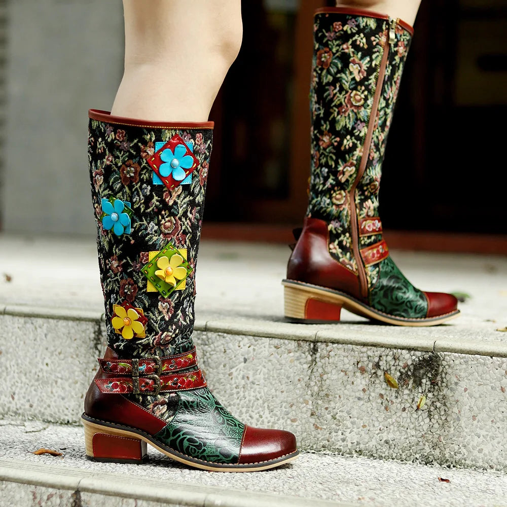Socofy Raffan Ethnic Style Printed Patchwork Stereo Flower Belt Buckle Comfort Chunky Heel High Boots - CB063