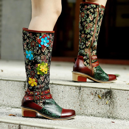 Socofy Raffan Ethnic Style Printed Patchwork Stereo Flower Belt Buckle Comfort Chunky Heel High Boots - CB063