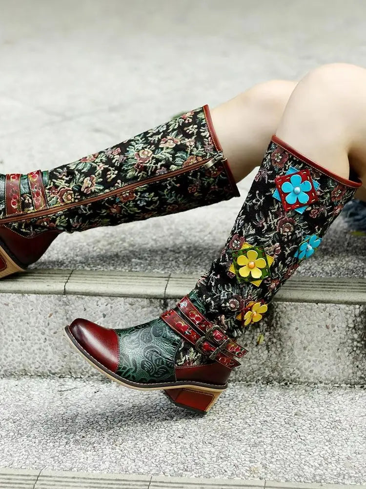 Socofy Raffan Ethnic Style Printed Patchwork Stereo Flower Belt Buckle Comfort Chunky Heel High Boots - CB063