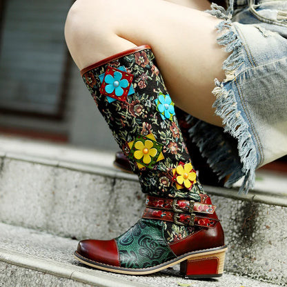 Socofy Raffan Ethnic Style Printed Patchwork Stereo Flower Belt Buckle Comfort Chunky Heel High Boots - CB063