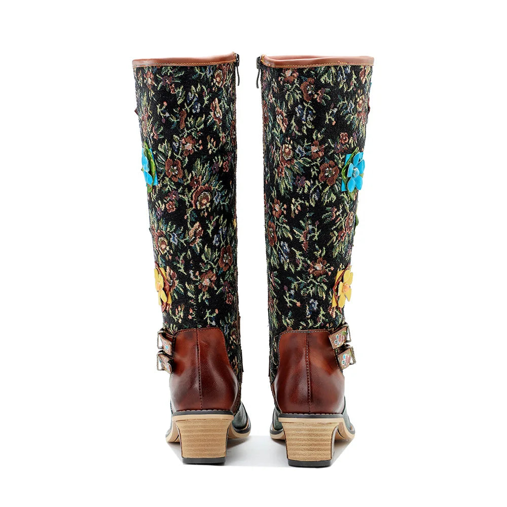Socofy Raffan Ethnic Style Printed Patchwork Stereo Flower Belt Buckle Comfort Chunky Heel High Boots - CB063