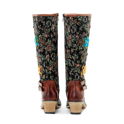 Socofy Raffan Ethnic Style Printed Patchwork Stereo Flower Belt Buckle Comfort Chunky Heel High Boots - CB063