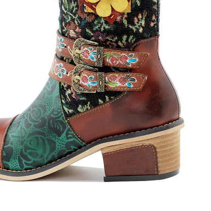 Socofy Raffan Ethnic Style Printed Patchwork Stereo Flower Belt Buckle Comfort Chunky Heel High Boots - CB063