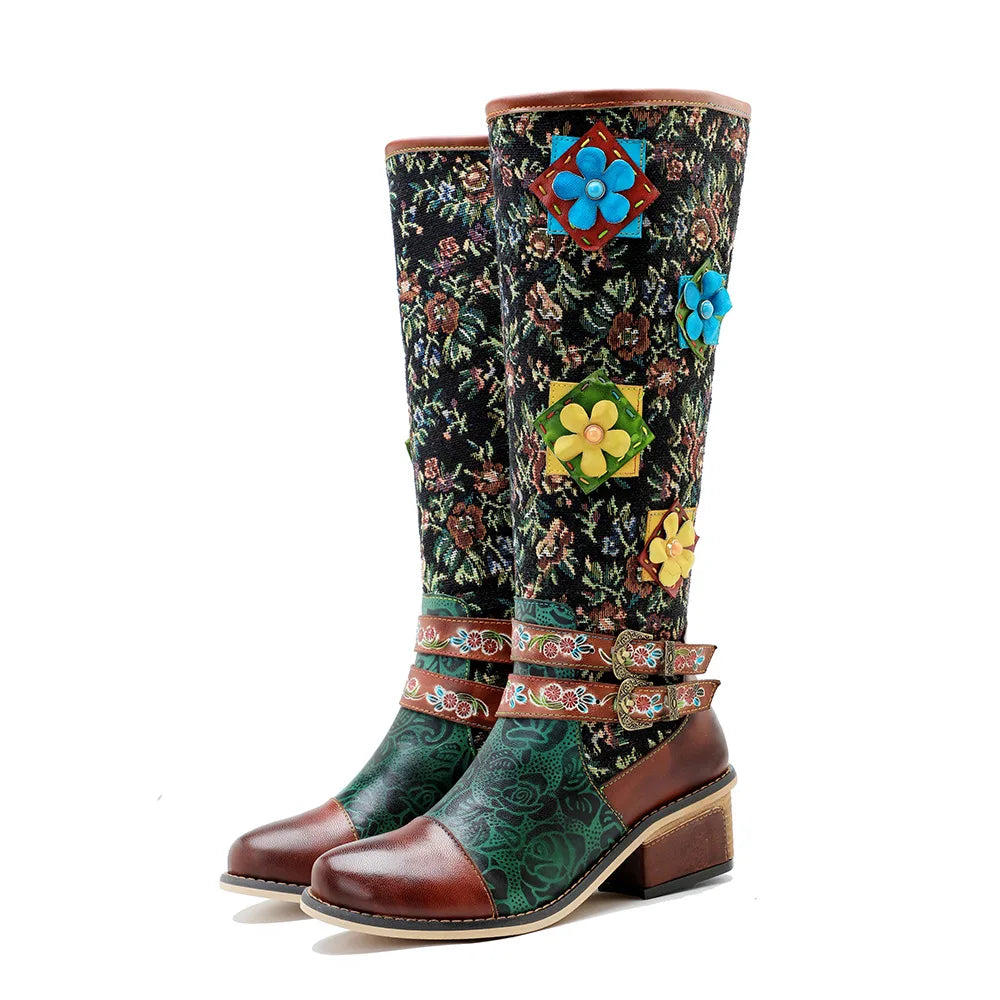Socofy Raffan Ethnic Style Printed Patchwork Stereo Flower Belt Buckle Comfort Chunky Heel High Boots - CB063