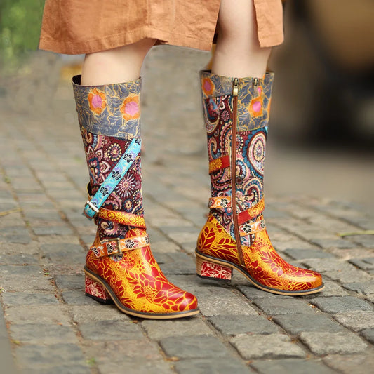 Socofy Raffan Genuine Leather Ankle Knee High Boots Woman Buckle Ladies Chunky Heels Long Boots - CB059