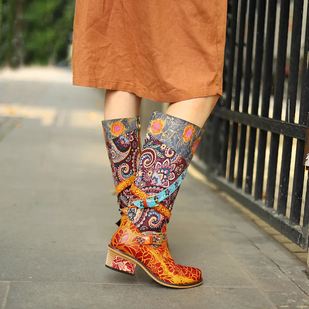 Socofy Raffan Genuine Leather Ankle Knee High Boots Woman Buckle Ladies Chunky Heels Long Boots - CB059