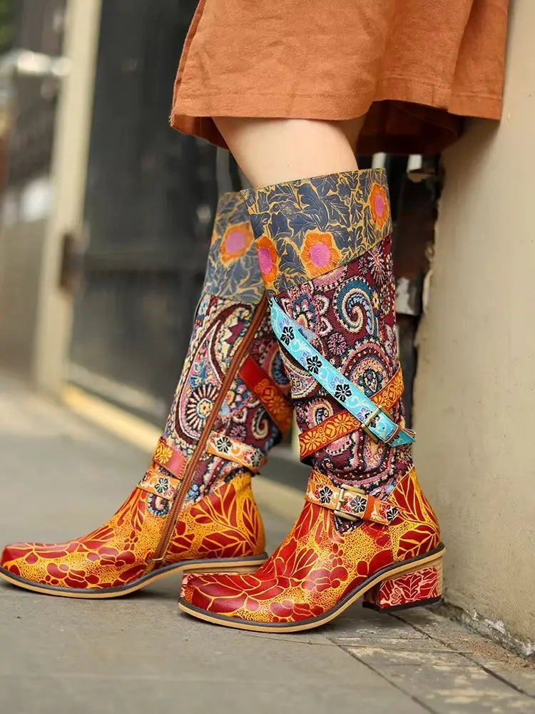 Socofy Raffan Genuine Leather Ankle Knee High Boots Woman Buckle Ladies Chunky Heels Long Boots - CB059