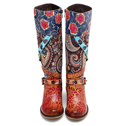 Socofy Raffan Genuine Leather Ankle Knee High Boots Woman Buckle Ladies Chunky Heels Long Boots - CB059