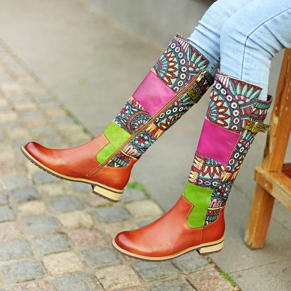 Socofy Raffan Genuine Leather Vintage Patchwork Long Warm Boots - CB064