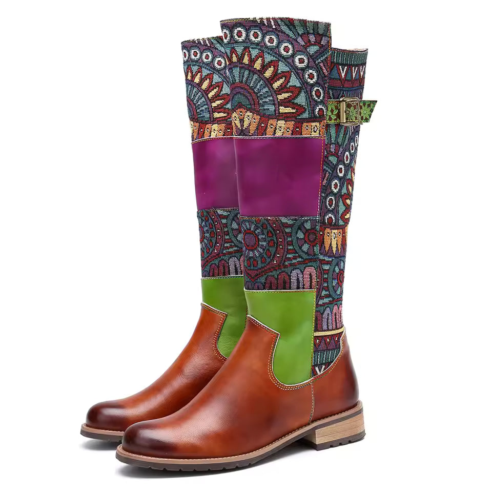 Socofy Raffan Genuine Leather Vintage Patchwork Long Warm Boots - CB064
