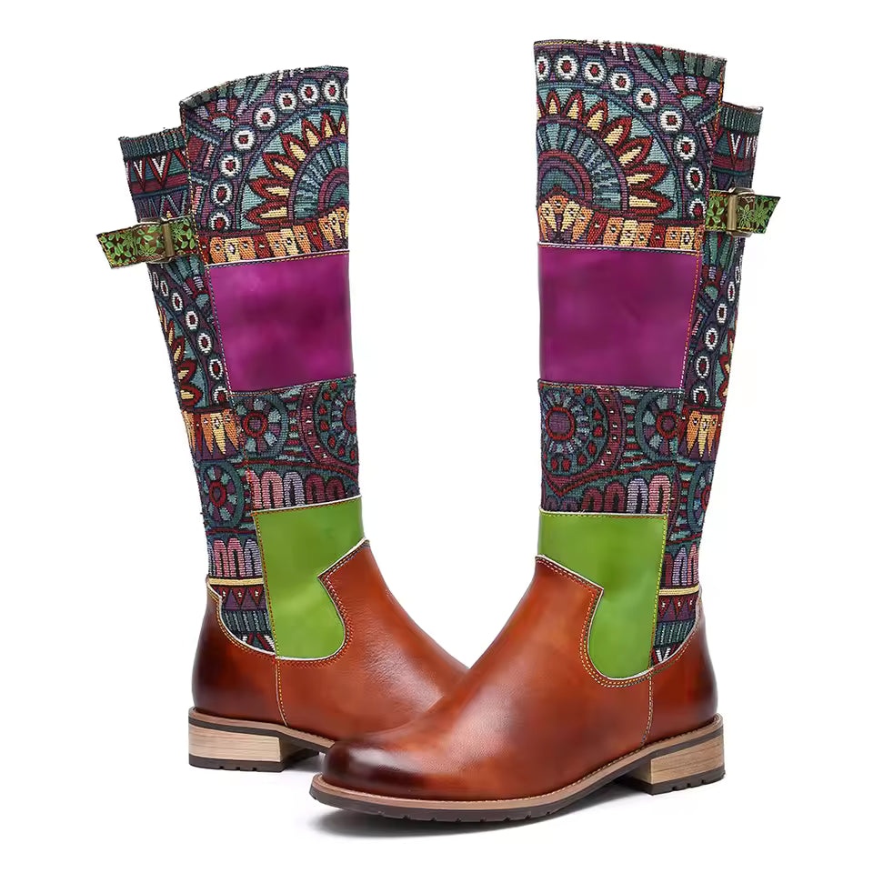 Socofy Raffan Genuine Leather Vintage Patchwork Long Warm Boots - CB064