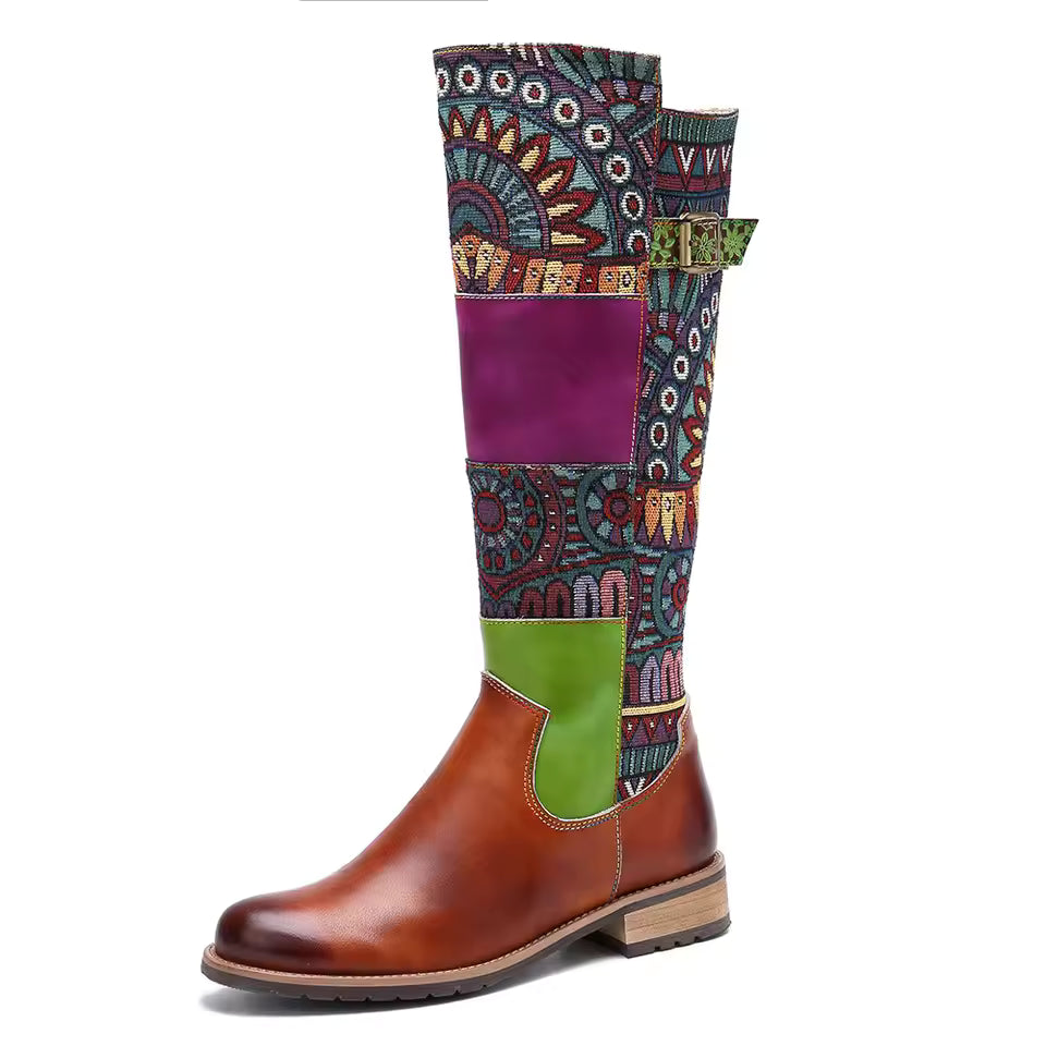 Socofy Raffan Genuine Leather Vintage Patchwork Long Warm Boots - CB064