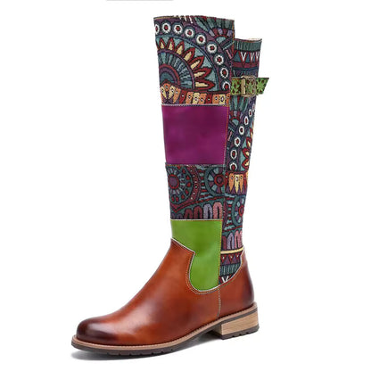 Socofy Raffan Genuine Leather Vintage Patchwork Long Warm Boots - CB064