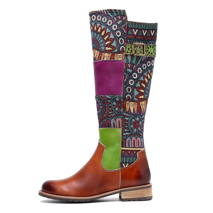 Socofy Raffan Genuine Leather Vintage Patchwork Long Warm Boots - CB064