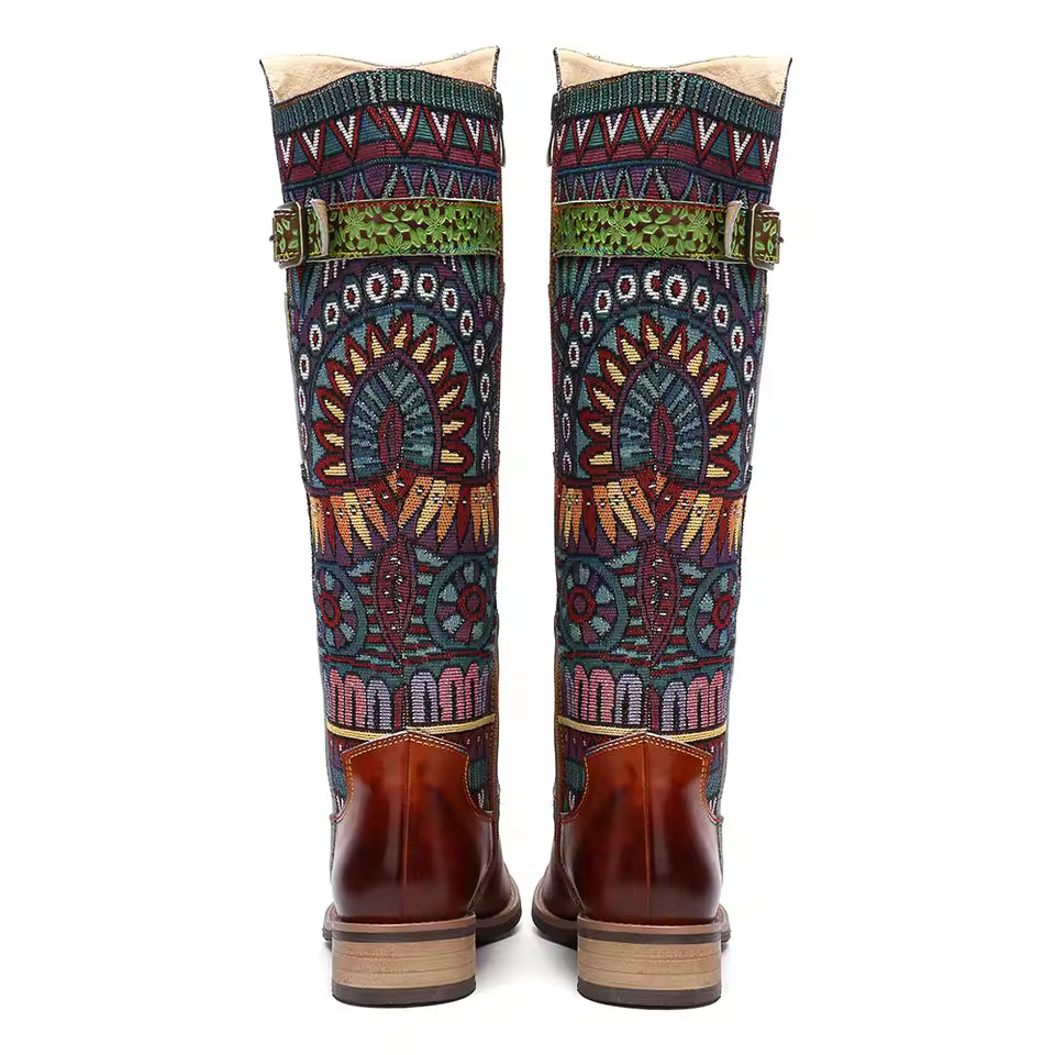 Socofy Raffan Genuine Leather Vintage Patchwork Long Warm Boots - CB064