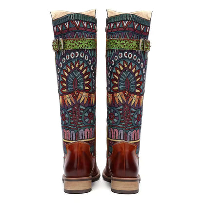 Socofy Raffan Genuine Leather Vintage Patchwork Long Warm Boots - CB064