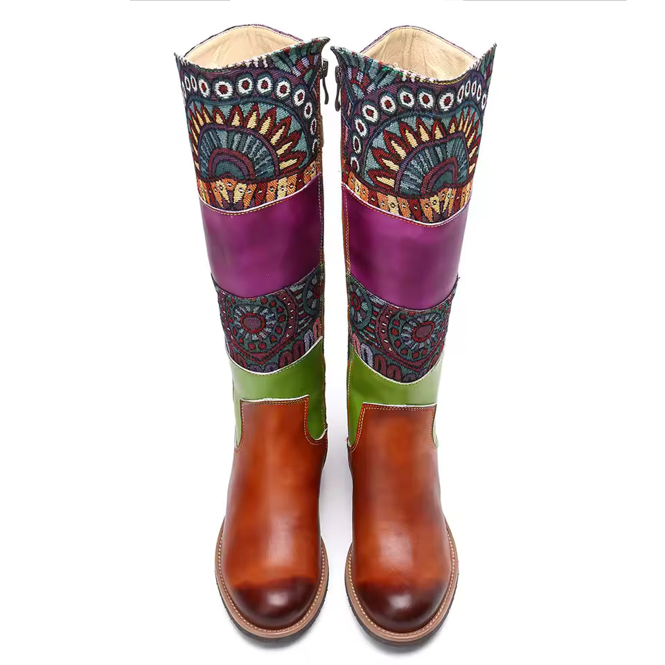 Socofy Raffan Genuine Leather Vintage Patchwork Long Warm Boots - CB064