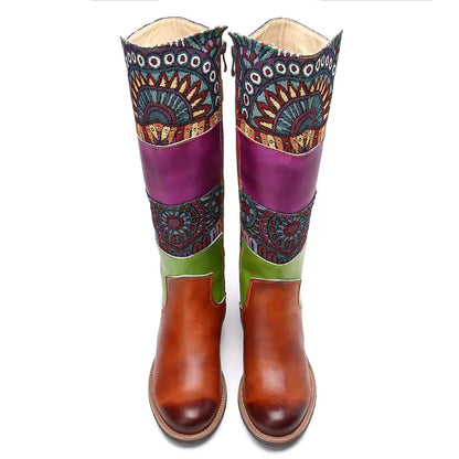 Socofy Raffan Genuine Leather Vintage Patchwork Long Warm Boots - CB064
