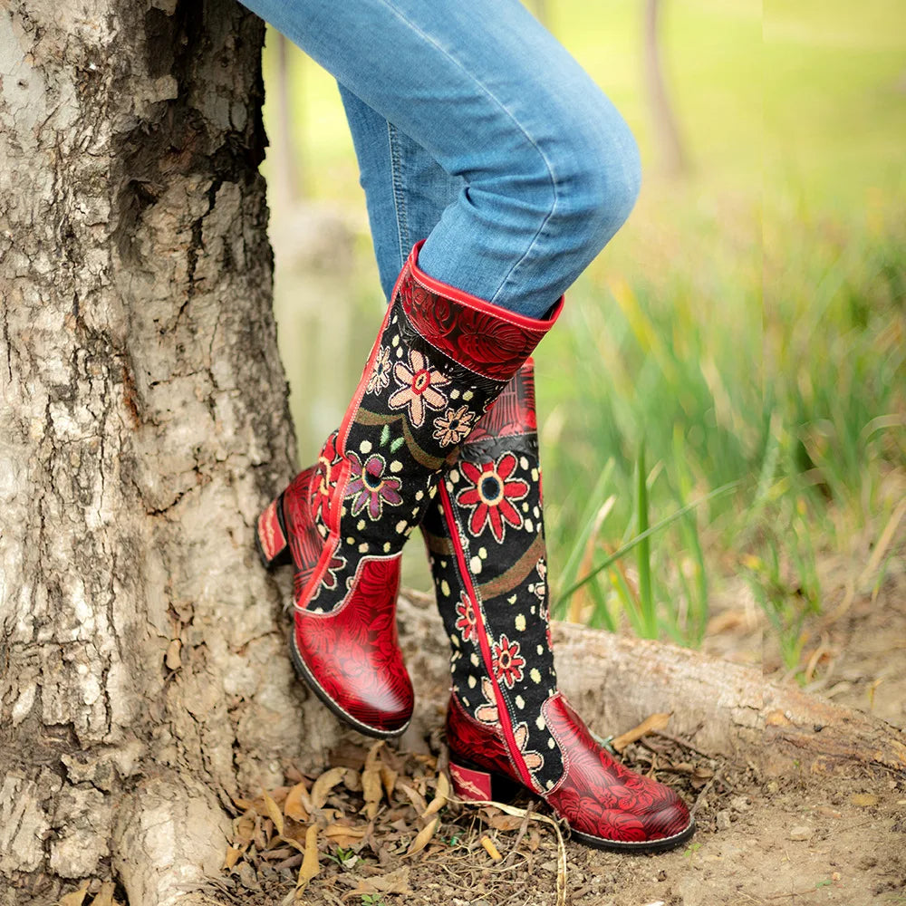 Socofy Raffan High Boots Knee-High Zip Genuine Leather Flowers Ethnic Retro Women Shoes Winter Long Boots - CB066