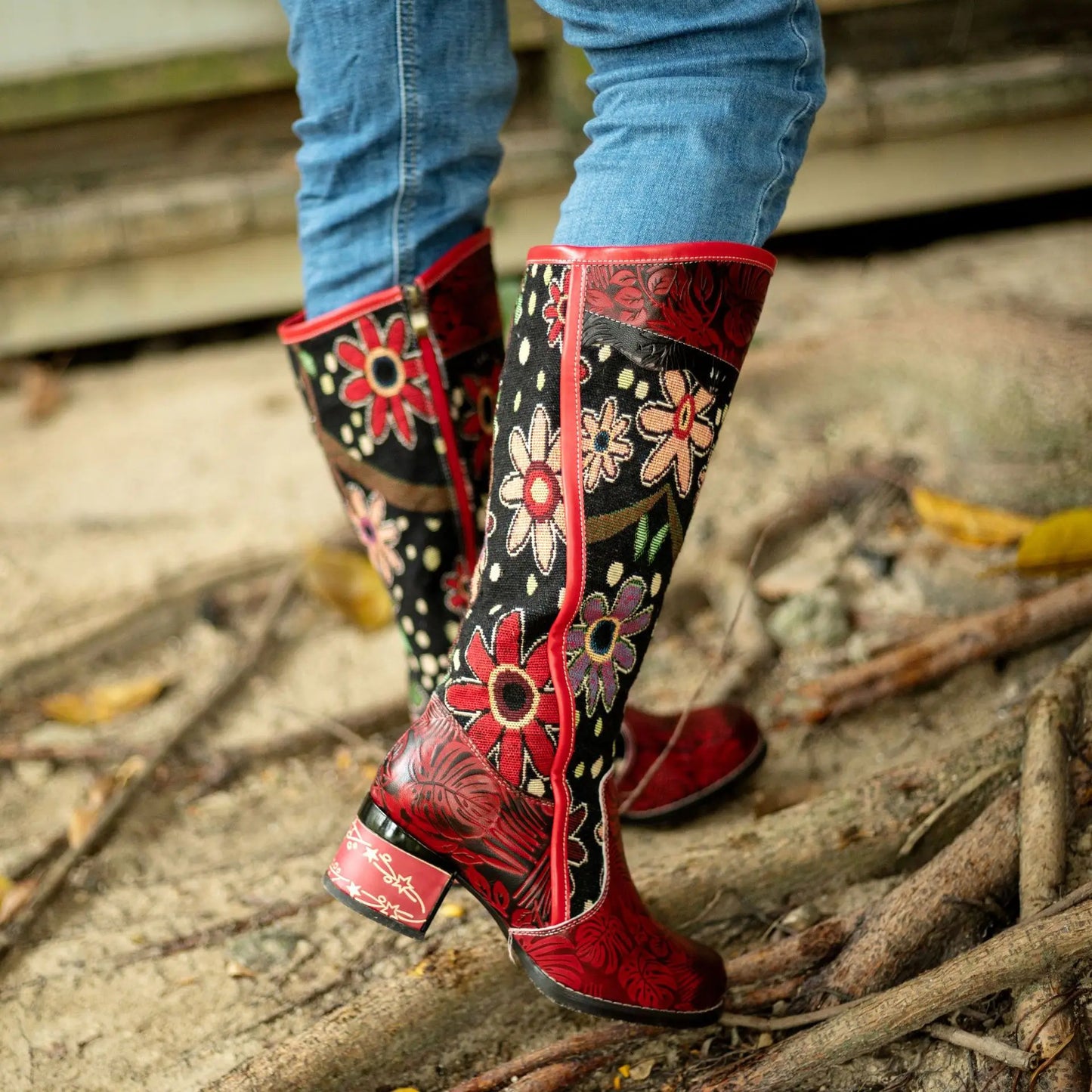 Socofy Raffan High Boots Knee-High Zip Genuine Leather Flowers Ethnic Retro Women Shoes Winter Long Boots - CB066