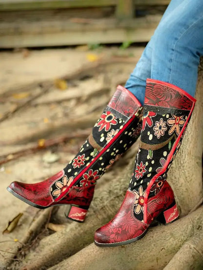 Socofy Raffan High Boots Knee-High Zip Genuine Leather Flowers Ethnic Retro Women Shoes Winter Long Boots - CB066