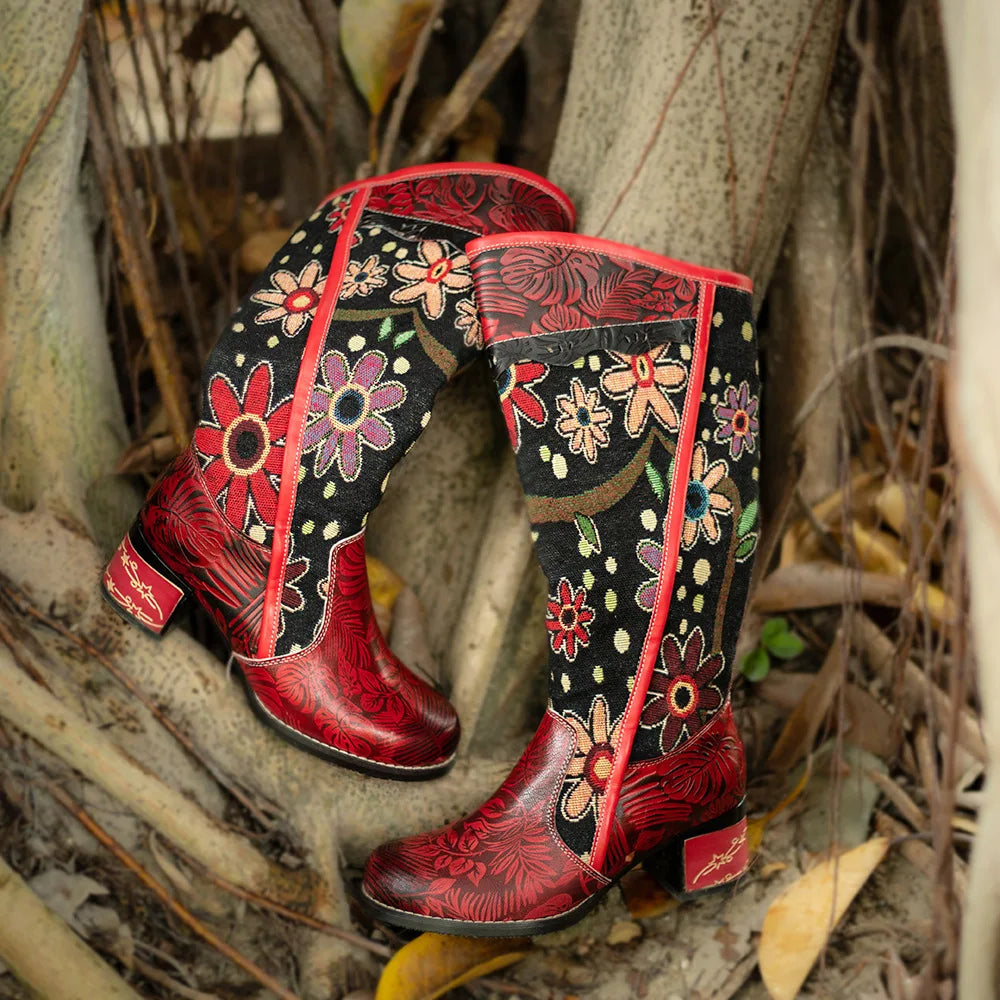 Socofy Raffan High Boots Knee-High Zip Genuine Leather Flowers Ethnic Retro Women Shoes Winter Long Boots - CB066