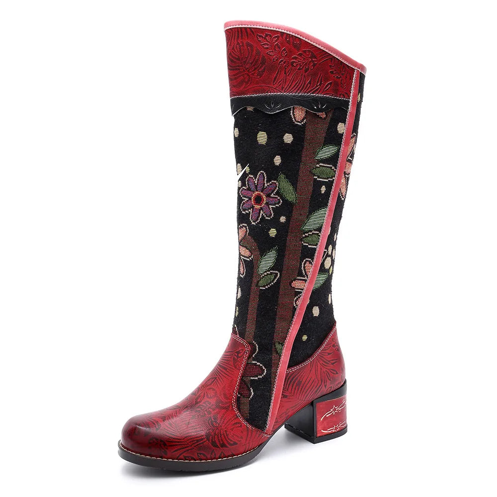 Socofy Raffan High Boots Knee-High Zip Genuine Leather Flowers Ethnic Retro Women Shoes Winter Long Boots - CB066