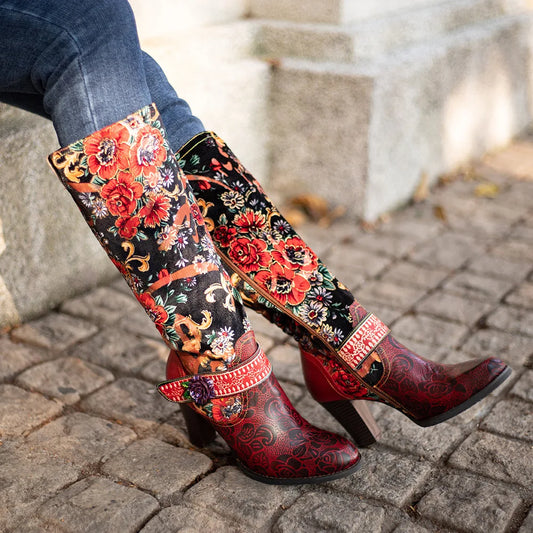 Socofy Raffan Print Flower Genuine Leather Boots Woman Autumn Spring Ankle Knee High Chunky Heels Plus Size Zip Long Shoes Boots - CB067