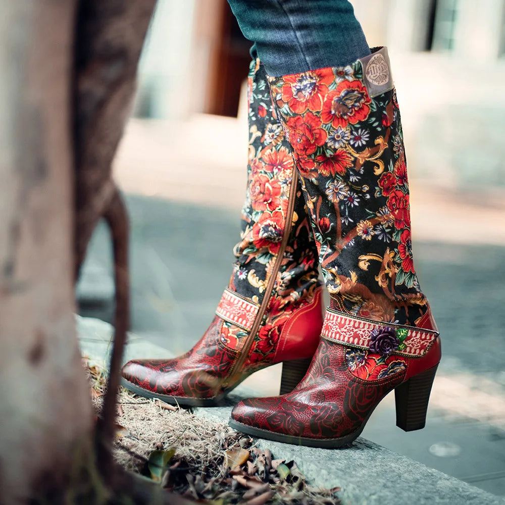 Socofy Raffan Print Flower Genuine Leather Boots Woman Autumn Spring Ankle Knee High Chunky Heels Plus Size Zip Long Shoes Boots - CB067