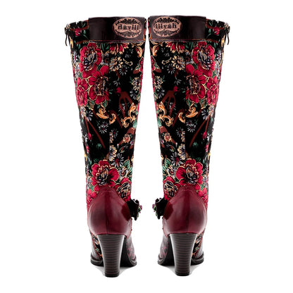 Socofy Raffan Print Flower Genuine Leather Boots Woman Autumn Spring Ankle Knee High Chunky Heels Plus Size Zip Long Shoes Boots - CB067