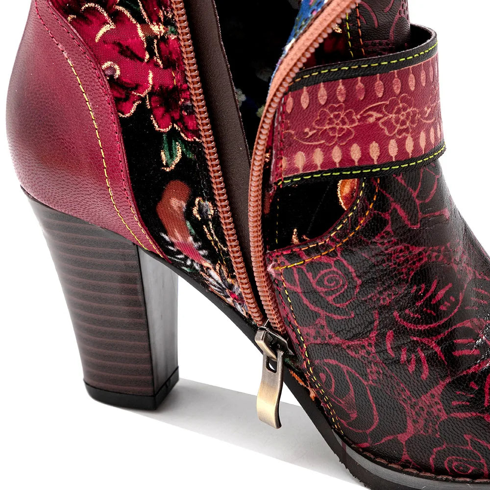 Socofy Raffan Print Flower Genuine Leather Boots Woman Autumn Spring Ankle Knee High Chunky Heels Plus Size Zip Long Shoes Boots - CB067