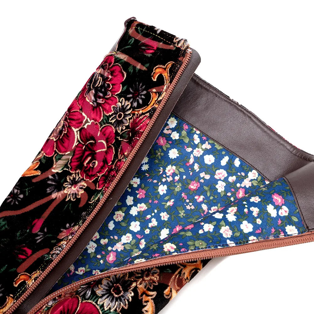 Socofy Raffan Print Flower Genuine Leather Boots Woman Autumn Spring Ankle Knee High Chunky Heels Plus Size Zip Long Shoes Boots - CB067