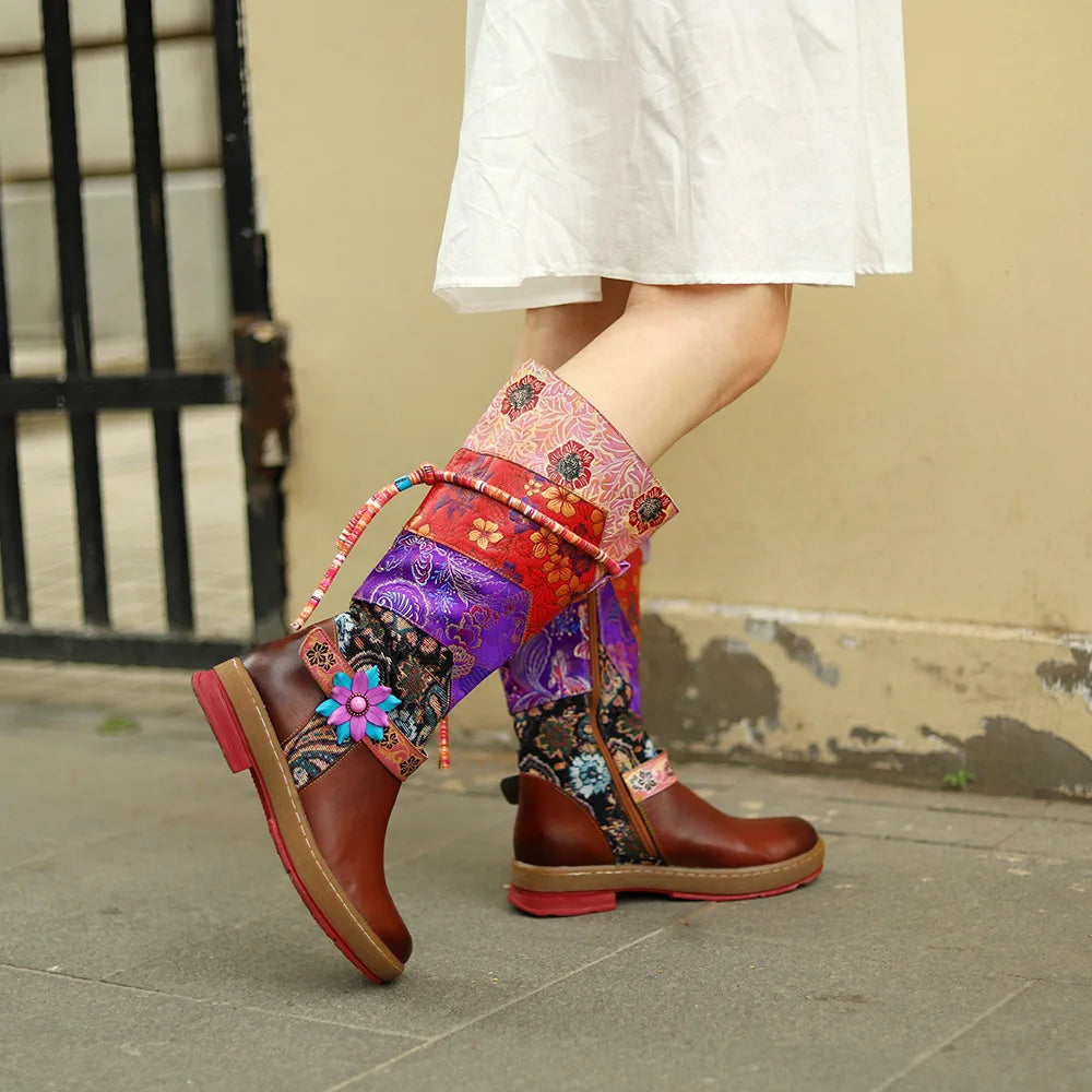 Socofy Raffan Print Genuine Leather Ankle Knee High Boots Woman Flats Ladies Flower Autumn Spring Plus Size Shoes Long Boots - CB062