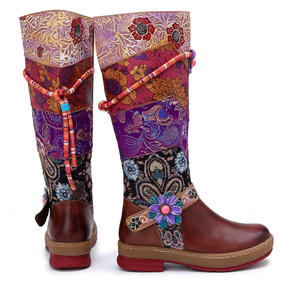 Socofy Raffan Print Genuine Leather Ankle Knee High Boots Woman Flats Ladies Flower Autumn Spring Plus Size Shoes Long Boots - CB062