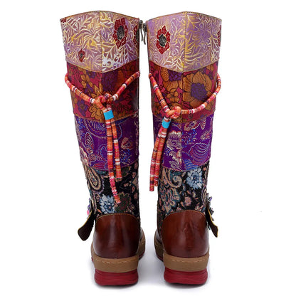 Socofy Raffan Print Genuine Leather Ankle Knee High Boots Woman Flats Ladies Flower Autumn Spring Plus Size Shoes Long Boots - CB062