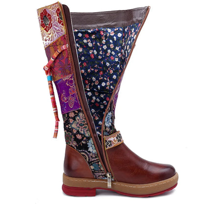 Socofy Raffan Print Genuine Leather Ankle Knee High Boots Woman Flats Ladies Flower Autumn Spring Plus Size Shoes Long Boots - CB062
