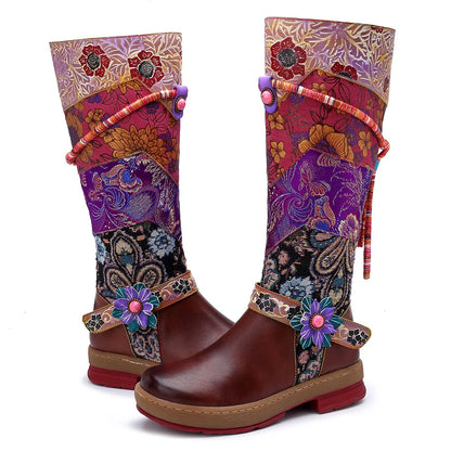 Socofy Raffan Print Genuine Leather Ankle Knee High Boots Woman Flats Ladies Flower Autumn Spring Plus Size Shoes Long Boots - CB062
