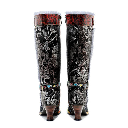 Socofy Raffan Winter New Hand Painted Genuine Leather Patchwork Vintage Court Style Lace Trimmed High Heeled Long Boots - CB060